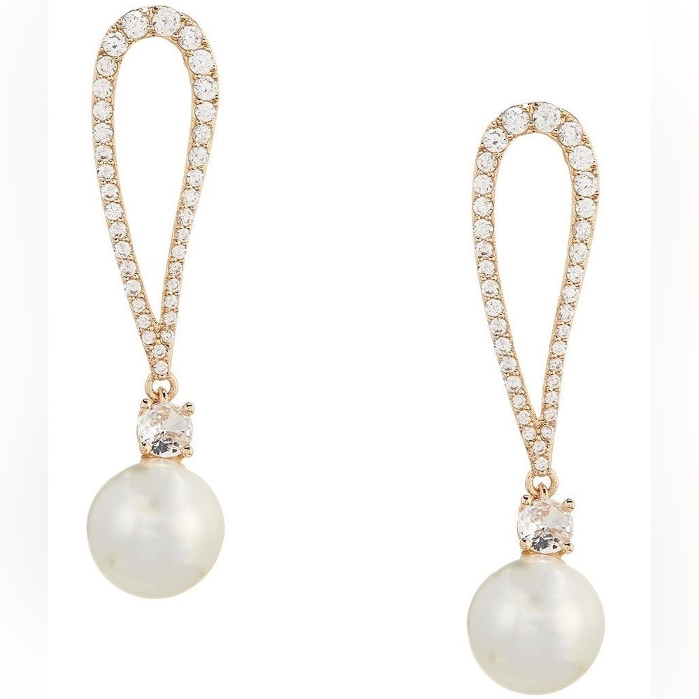 x Borrowed & Blue Teardrop Crystal CZ Pave Metal Pearl Drop Earrings - Picture 2 of 4
